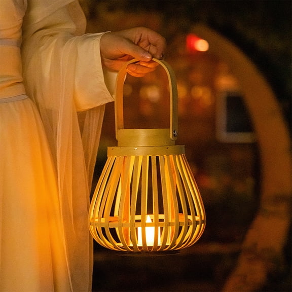 Aodebiao Bamboos Lantern Light, Outdoor Table Lantern with Warm Yellow LED Candle Light, Decorative Hanging Lantern for Garden,Balcony, Tabletop Decor, Waterproof Rustic Lanterns for Ambiance