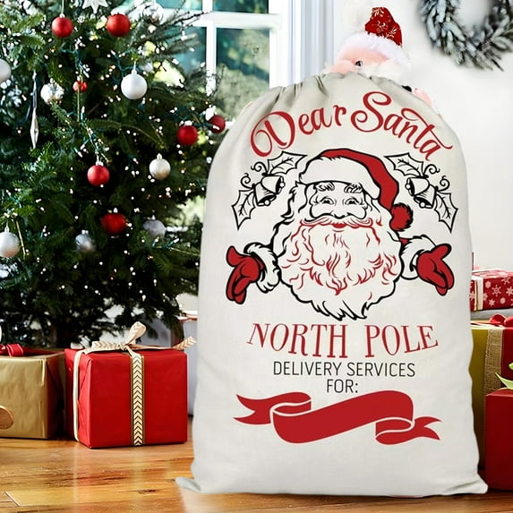 Aodebiao Christmas Gift Bag Large Drawstring Storage Sack Holiday Party Decor Reusable Canvas Tote Santa Sleigh Design Festive Carryall