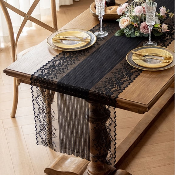 Aodebiao French Lace Table Runner - 83" Elegant Black Polyester Placemat for Dining Table Decor - Hollow-Out Design for Weddings, Parties & Home Decor