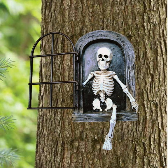 Aodebiao Halloween Skeleton The Door Tree Hugger Garden Statue Skull Resin Lacking Hands and Legs Tree Face Sculpture Small Skeleton Figurines Yard Art for Patio, Fence Wall, Halloween