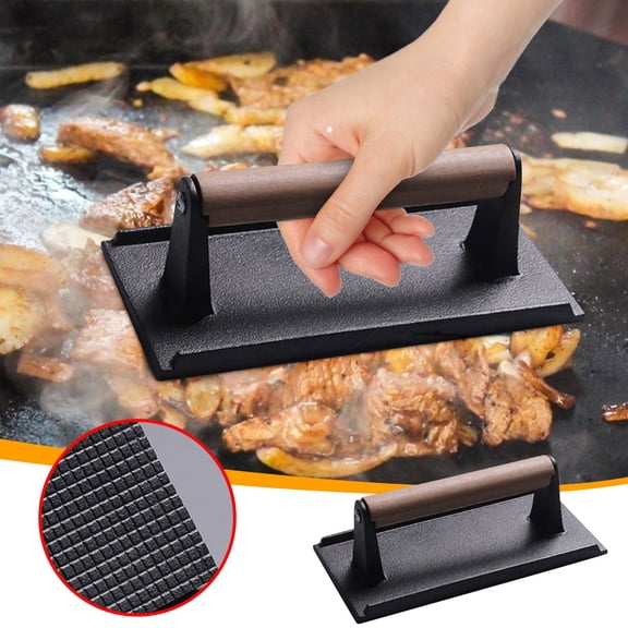 Iron Rectangular Meat Press for Griddle, Steak Bacon Burger Weights with Wooden Handle, Flat Cast Iron Cookware for BBQ Grill Heavy Smash Tool