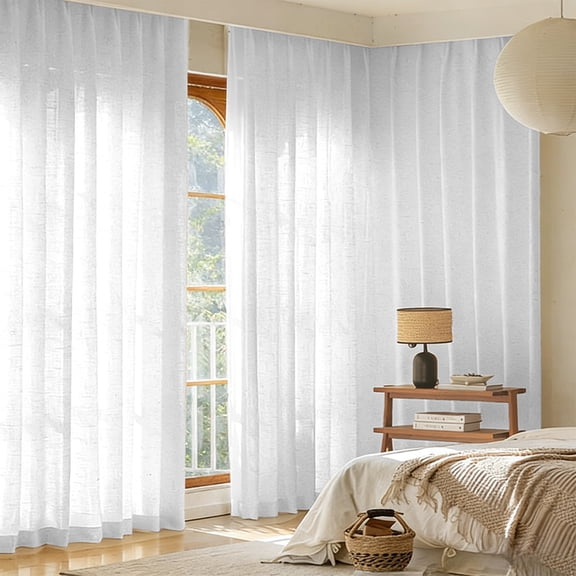 Aodebiao Linen Look Sheer Curtain Panels, Rustic Textured Light Filtering Drapes for Living Room, Pinch Pleat Floor to Ceiling Window Curtains, Elegant Decorative Drapery, 2 Panels Set, Natural Beige