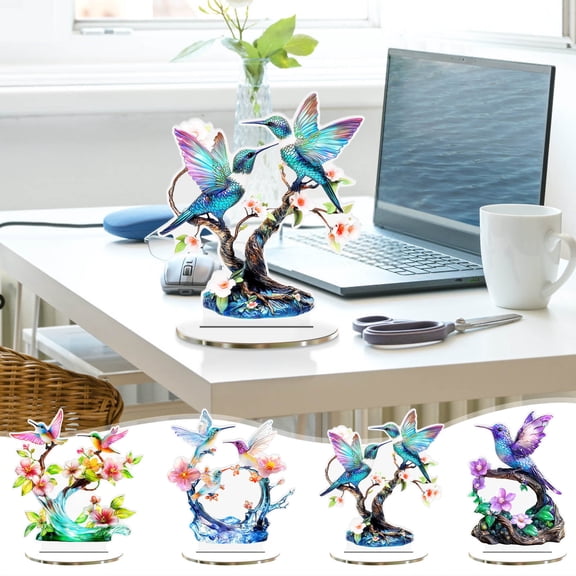 Aodebiao New Stained Metal Birds On Branch Desktop Ornaments, Metal Flat Double Sided Colorful Birds Tabletop Decorations, Multicolor Hummingbird Craft Statue Bird Figurines Sculpture for Home Decor