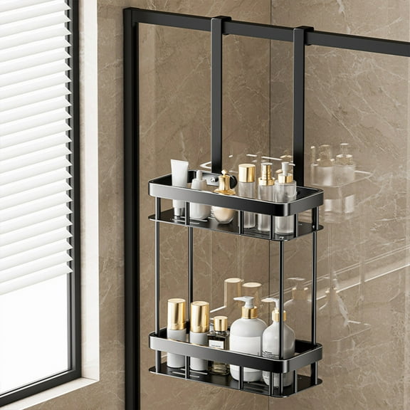 Aodebiao Shower Caddy Over Door, Shower Hanging Organizer, No Drilling Over the Door Shower Storage Caddy with 2-Tier Rack and Hooks, Holds Body Wash, Shampoo, Soap, Razor, Towel, Bathroom Rack Black