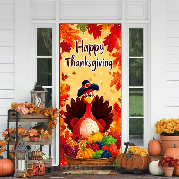 Aodebiao Thanksgiving Door Cover Decoration 35x71 Inch, Polyester Holiday Door and Wall Hanging for Festival Party Decor with Easy Installation