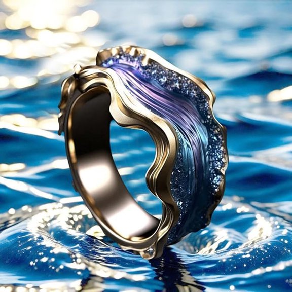 Aodebiao Women's Ocean Wave Resin Open Ring - Adjustable Hypoallergenic Alloy Jewelry with Diamond Accents, Symbolic Beach-Themed Gift for Daily Wear & Special Occasions (Silver/Blue)