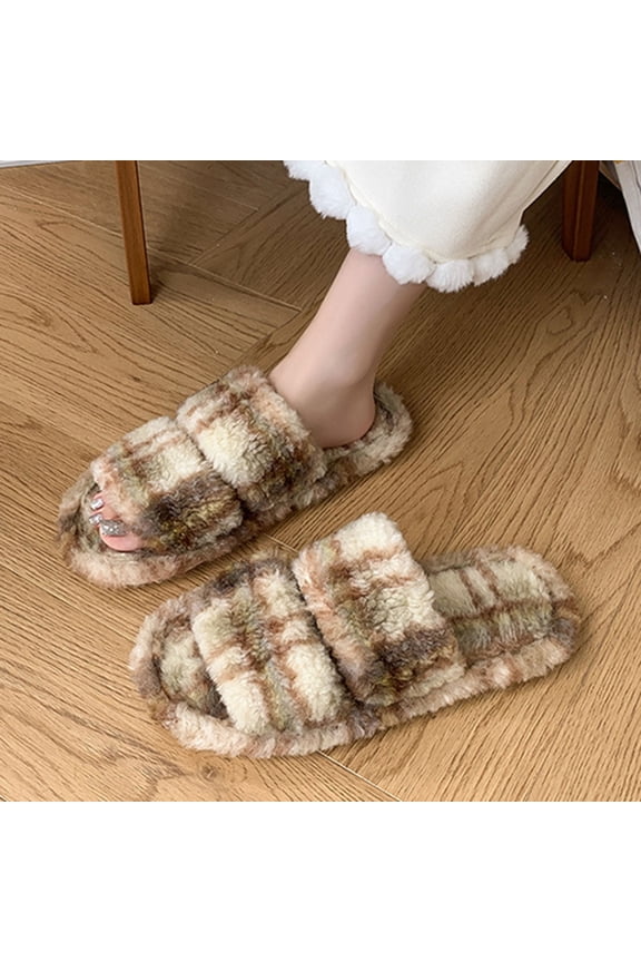 Women's Plush Checkered Slippers Non-Slip Indoor Outdoor Cozy House Shoes Winter Warm Fleece Lined Comfortable Casual Home Slide