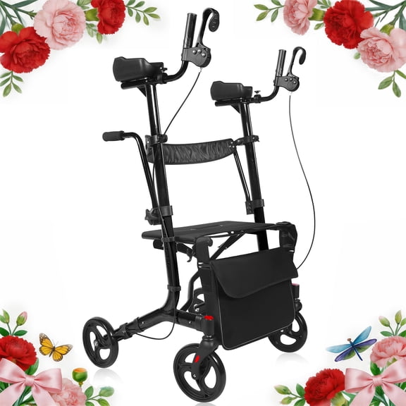 Aoemoe 2-in-1 Rollator Transport Chair, 450 lb Heavy-Duty, 19.8 lb Lightweight Folding Walker-Wheelchair Combo, Dual Brakes & Storage Bag, Black, Mother's Day Gift