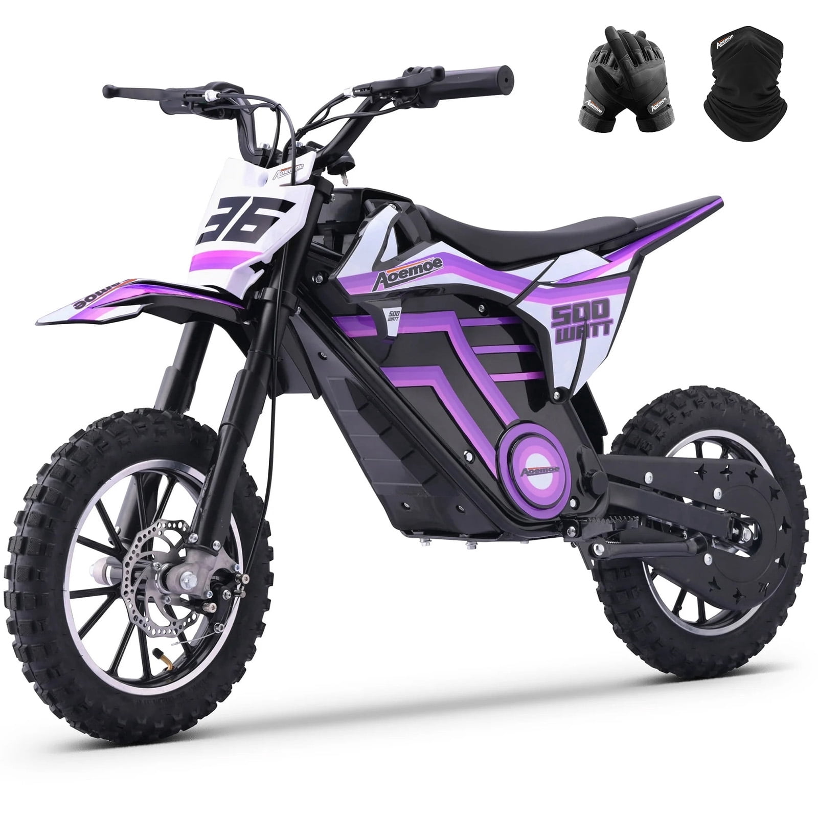 Aoemoe Motorcycle, Motorized Dirt Bikes for kids 8-14, 36V 500W – 15 MPH Top Speed, Dual Suspension, Purple