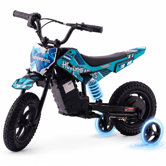 Aoemoe 24V Electric Mini Dirt Bike Ride-On Toy with Training Wheels, 120W Brushless Motor, 6.2 MPH, 25.2V 2.6Ah Li-Ion Battery, Dual Drum Brakes, Steel Frame, Outdoor Ride-On Vehicle, Teal