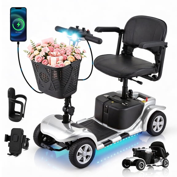 Aoemoe 4 wheeled Elderly Mobility Scooters are Suitable for the Elderly&Adult, Best Gift for Senior Parents with 300LBS Heavy Duty Load & Solid Tires, Silver