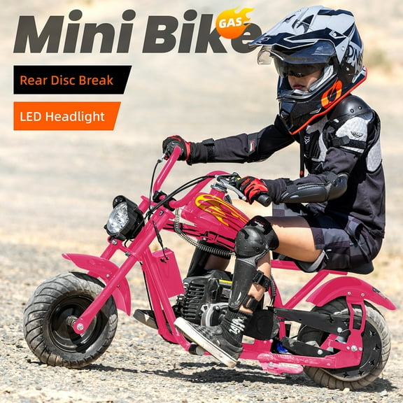 Aoemoe 49cc Kids Mini Chopper Dirt Bike, 2-Stroke Gas Powered Off-Road Motorcycle with Disc Brakes, Max Speed 18MPH, Max Load 160LBS, Pink