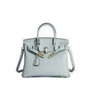 BESTSPR Lychee Genuine Leather Handbags Purse for Women, Ladies Tote Shoulder Bag Top Handle Satchel Crossbody Bags with Lock Clasp, Flax Blue, 25#