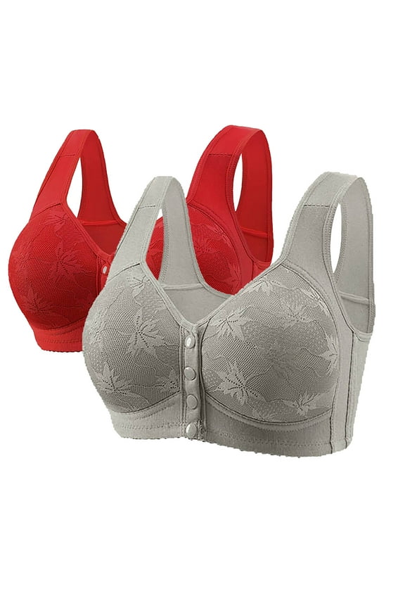 2 Pack Bras for Older Women, Seniors Wireless Front Closure Push Up Bras Plus Size Full Coverage Comforta Everyday Bra