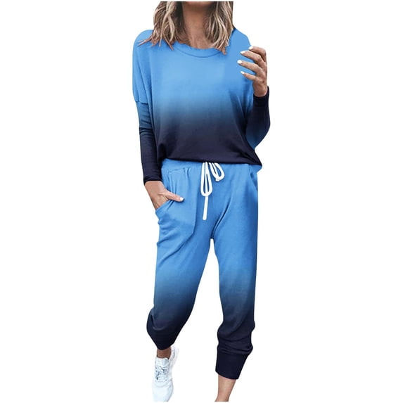Aofany 2 Piece Outfits for Women Loose Two-piece Sets Gradient Long Sleeve Tops Casual Pants Sweatsuit