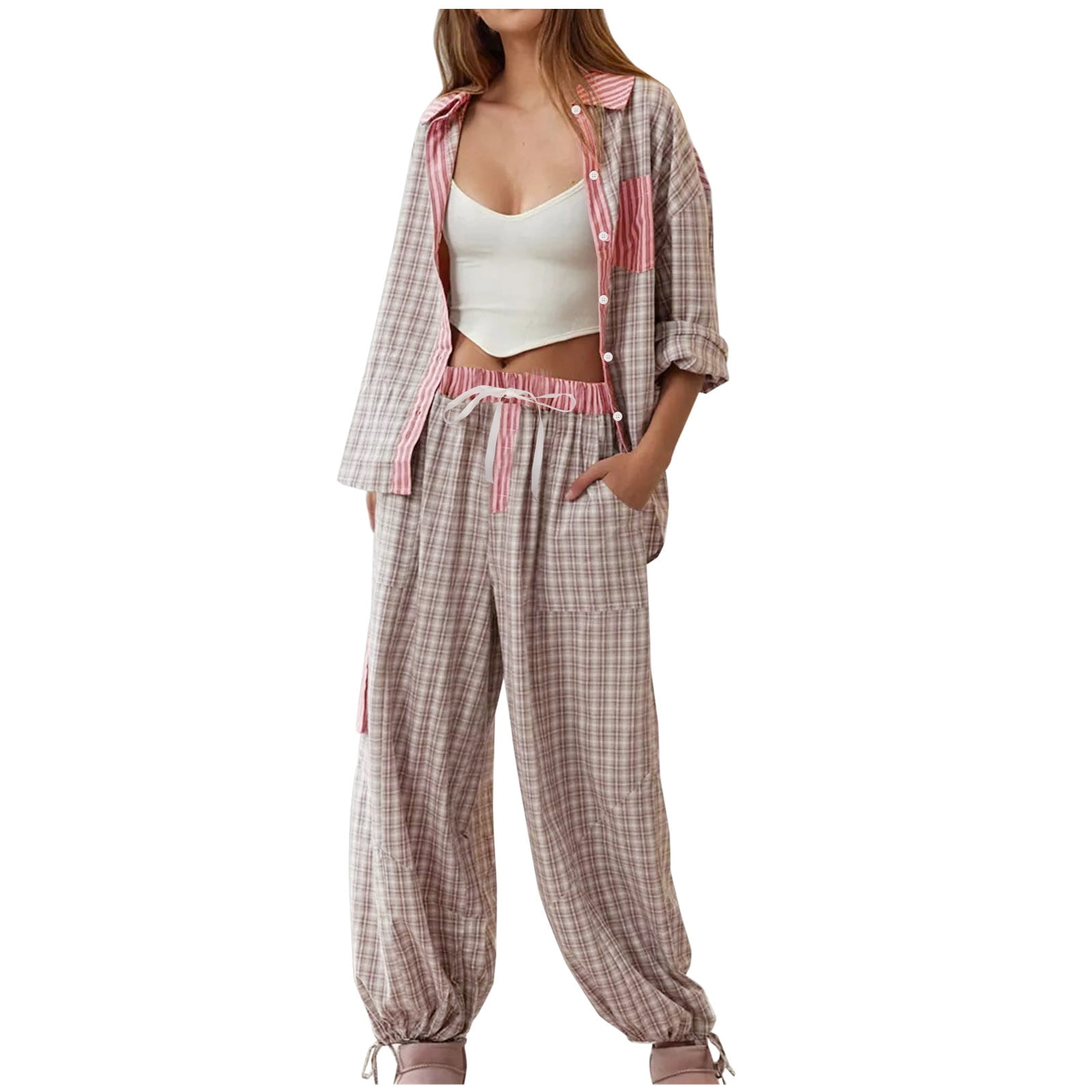 2 Piece Outfits for Women Shirt Sets Long Sleeve Button Down Oversized Shirts and Pants Fall Lounge Two Piece Sets