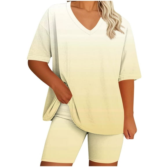 Aofany 2 Piece Outfits for Women Summer Clothing Sets V-Neck Gradient Color Oversized Tshirts Matching Biker Shorts Plus Size Lounge Sets for Women