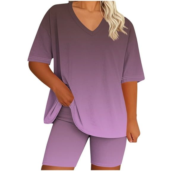 Aofany 2 Piece Outfits for Women Summer Clothing Sets V-Neck Gradient Color Oversized Tshirts Matching Biker Shorts Plus Size Lounge Sets for Women