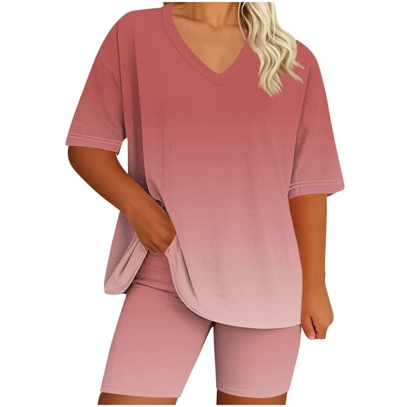 Aofany 2 Piece Outfits for Women Summer Clothing Sets V-Neck Gradient Color Oversized Tshirts Matching Biker Shorts Plus Size Lounge Sets for Women