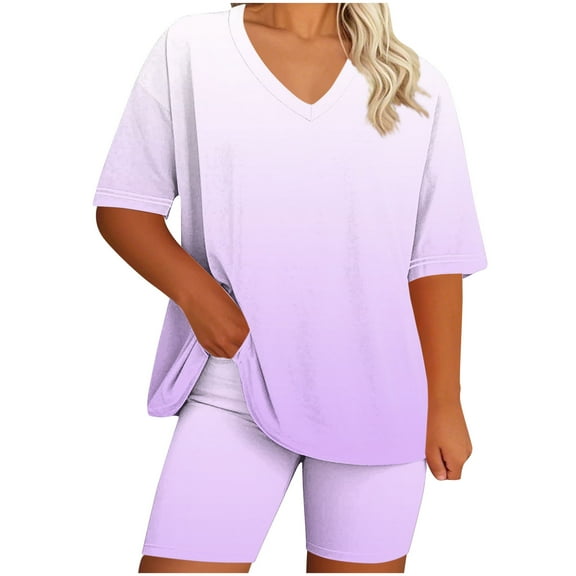 Aofany 2 Piece Outfits for Women Summer Clothing Sets V-Neck Gradient Color Oversized Tshirts Matching Biker Shorts Plus Size Lounge Sets for Women