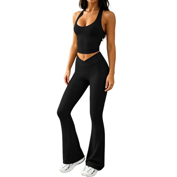 Aofany 2 Piece Workout Sets for Women High Waist Yoga Flare Legging with Solid Color Sport Tank Tops for Athletic Gym Outfits