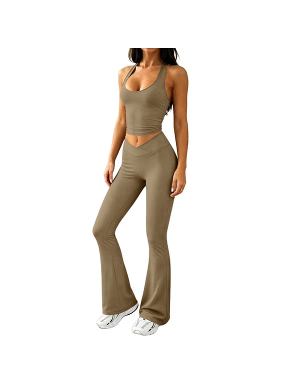 2 Piece Workout Sets for Women High Waist Yoga Flare Legging with Solid Color Sport Tank Tops for Athletic Gym Outfits