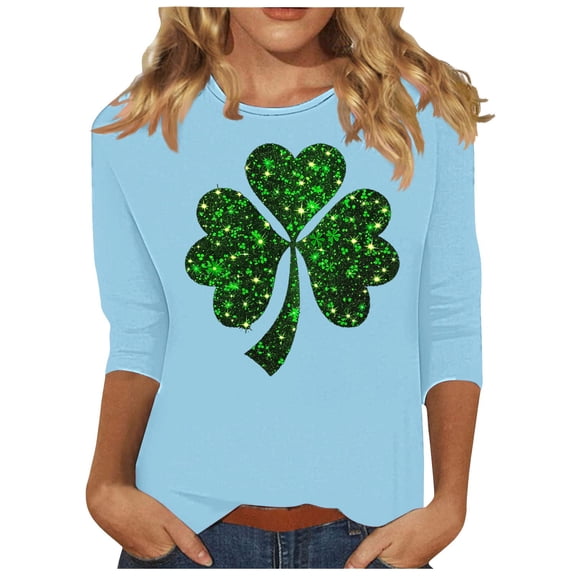 Aofany 3/4 Length Sleeve Womens Tops Irish Shamrock Print St Patricks Day Shirt Women Crew Neck Pullover Graphic Tee Tops Saint Patricks Day T Shirts