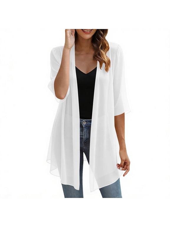3/4 Sleeve Cardigan For Women Lightweight Chiffon Summer Cardigans Casual Loose Open Front Thin Cardigan