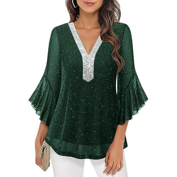Aofany 3/4 Sleeve Shirts for Women, Casual V Neck Sparkle Sequin Blouse Solid Color Tunic Top Holiday Party Pullover Tops