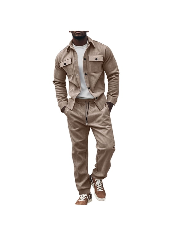 Athleisure 2-Piece Set,Mens 2 Pieces Loose Casual Suits Long Sleeve Button Down Shirt Jacket Jogging Pants Set