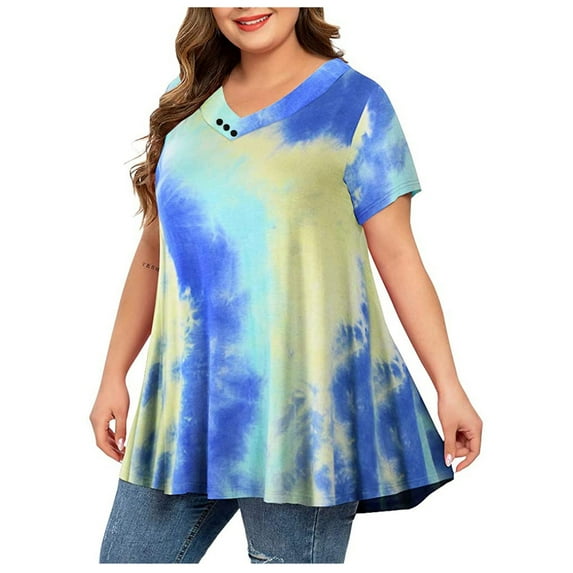 Iuhan Business Casual Tops for Ladies Blouses Women Plus Size Tops Tie-Dye Print Short Sleeve V-Neck Blouse Pleated Hem Shirt Blue Xl