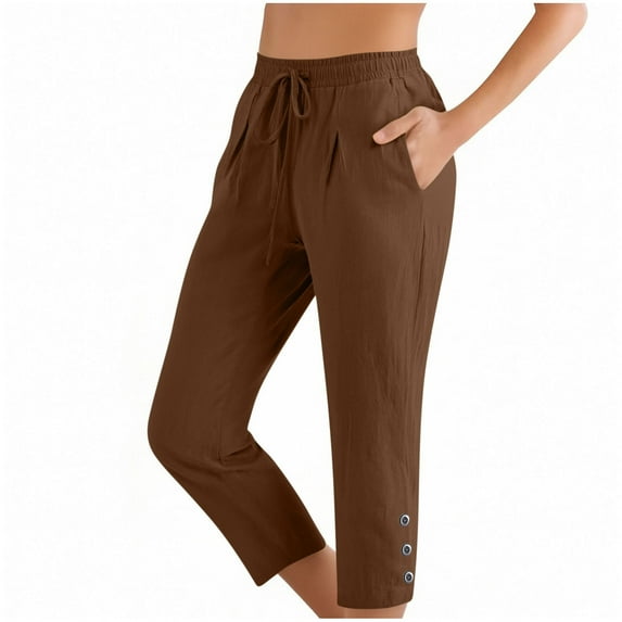 Aofany Capris For Women Casual Summer Cotton Linen Cropped Pants Elastic Waist Drawstring Plus Size Capris With Pockets