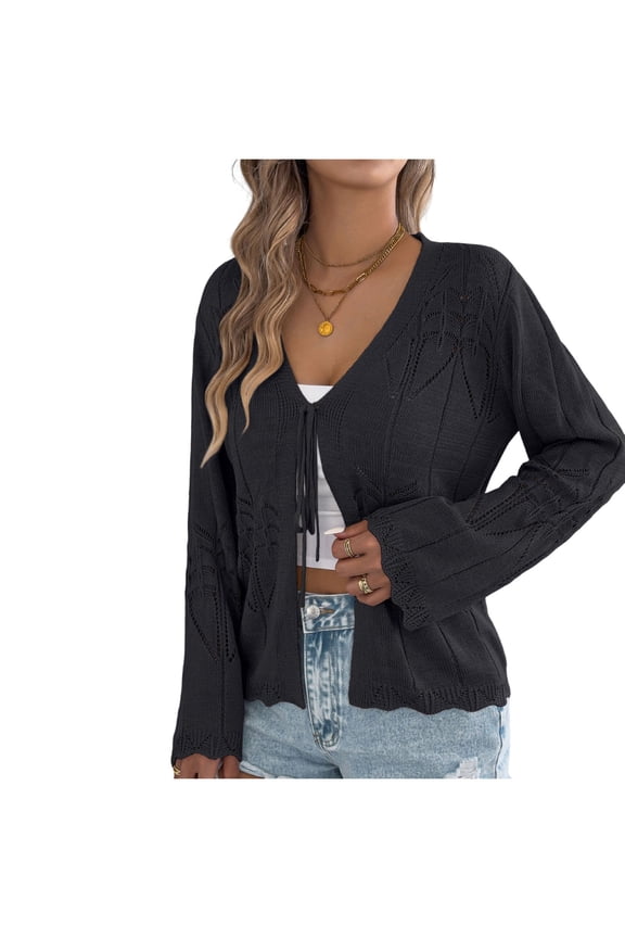 Cardigans for Women Crochet Short Sleeve Knit Tops Lace up Open Front Lightweight Fall Sweater Cover Ups