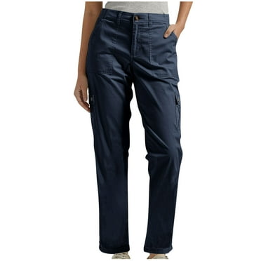 Aofany Cargo Pants for Women Elastic Waist Multi-pocket Straight Leg Pant Solid Color High Waist Workwear Pants