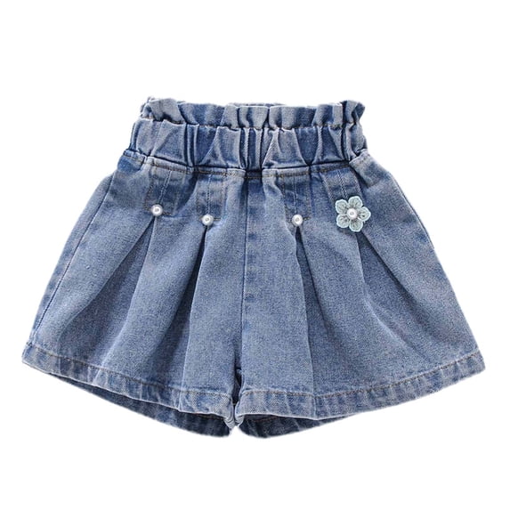 Aofany Children Girls Summer Thin Solid Elastic Waist Jeans Shorts Double Layer Pearl Tassel Decoration Denim Shorts With Pockets