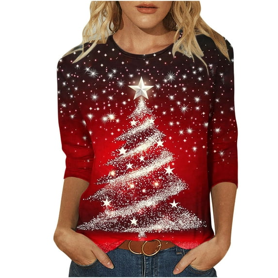 Aofany Christmas 3/4 Sleeve Shirts for Women Christmas Tree Print Top Round Neck Holiday Shirt Tops Women T-Shirt