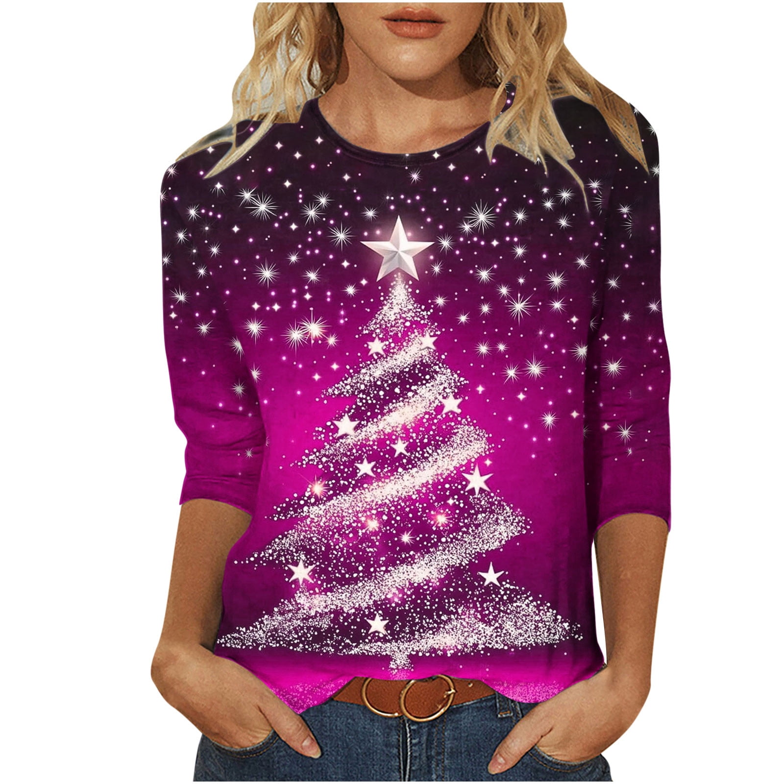 Aofany Christmas 3/4 Sleeve Shirts for Women Christmas Tree Print Top Round  Neck Holiday Shirt Tops Women T-Shirt - Walmart.com, image size:1600x1600