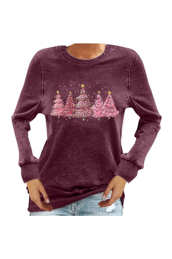 Christmas Clothes Lady Xmas Tree Printing Shirts Fall Sweatshirts for Women Trendy Holiday Pullover Casual Loose Shirt Crewneck Pullover Long Sleeve Tops