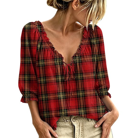 Aofany Christmas Plaid Ruffle Blouse for Women Deep V Neck Tie Front Puff Sleeve Casual Loose Top Elegant Fashion Shirt