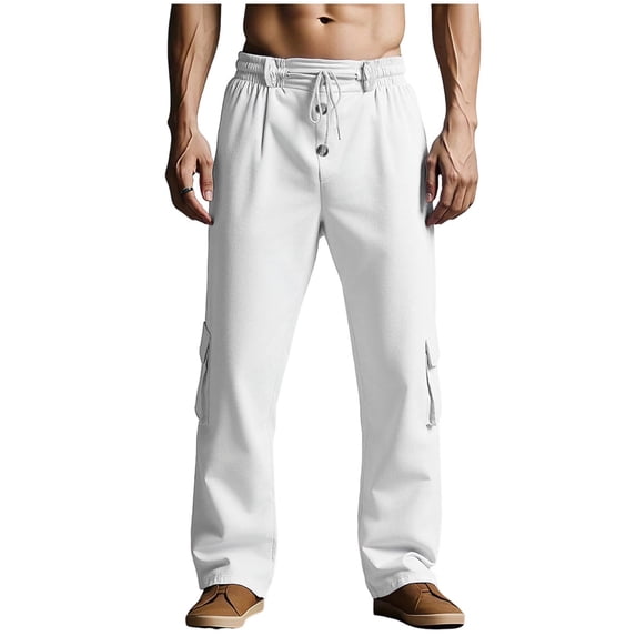 Aofany Cotton Linen Pants for Men Elastic Waist Drawstring Straight Leg Pants Casual Loose Lounge Trousers with Pockets