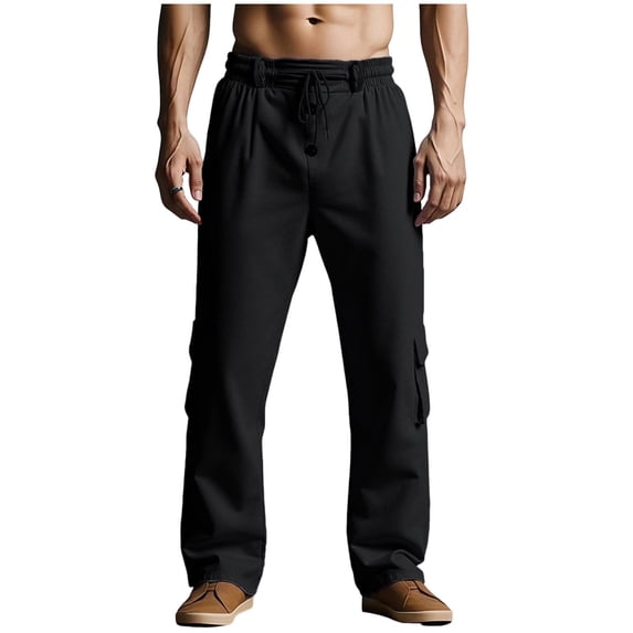 Aofany Cotton Linen Pants for Men Elastic Waist Drawstring Straight Leg Pants Casual Loose Lounge Trousers with Pockets
