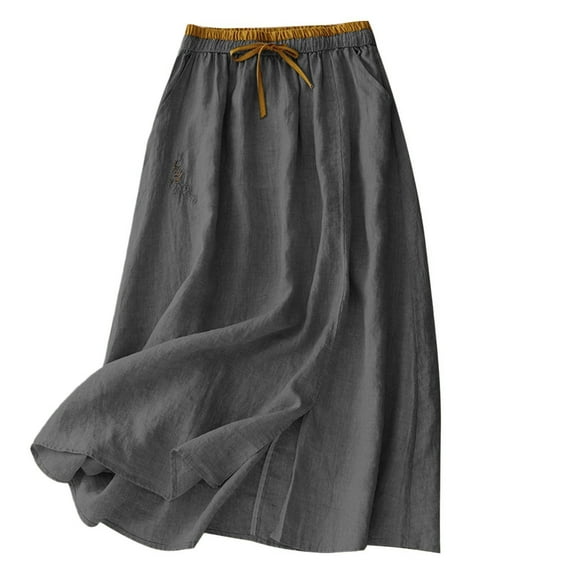 Aofany Cotton Linen Skirts for Women Summer Casual Flowy Midi Length Skirt Elastic Waist Drawstring A-Line Skirts