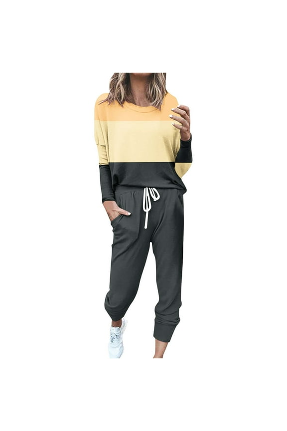 Daily,Two Piece Outfits for Women Fall 2024,Womens Colorblock Sweatsuits Sets 2 Pieces Jogger Sets with Pockets Long Sleeve Jogging Sweat Suit