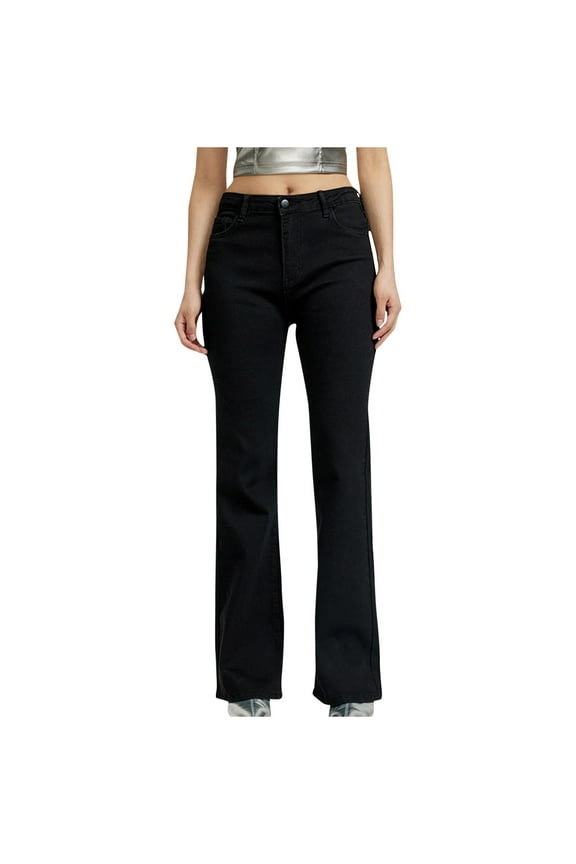 Denim Pants for Women High Waisted Skinny Pocket Stretch Slim Button Trousers Small Flare Jeans