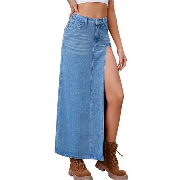 Aofany Denim Skirts for Women Elastic High Waist A-Line Stretchy Slit Maxi Skirt Loose Fitting Cowboy Skirts