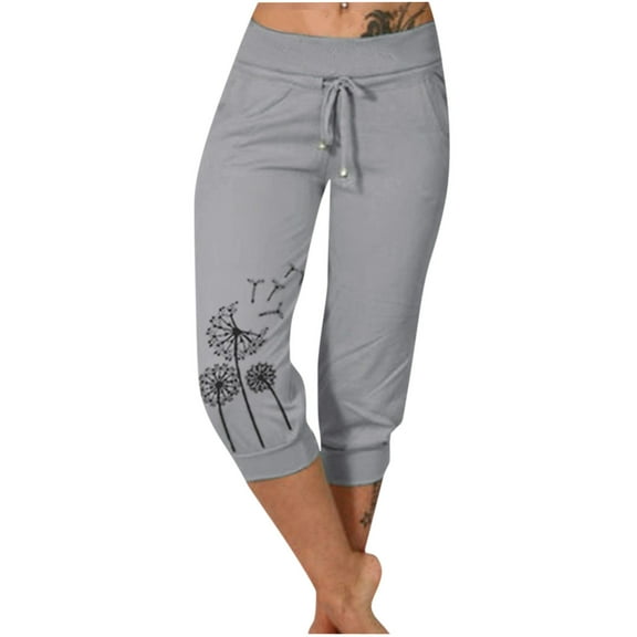 Aofany Elastic Waist Print Casual Pants Women Knee-Length Capris Loose Drawstring Joggers