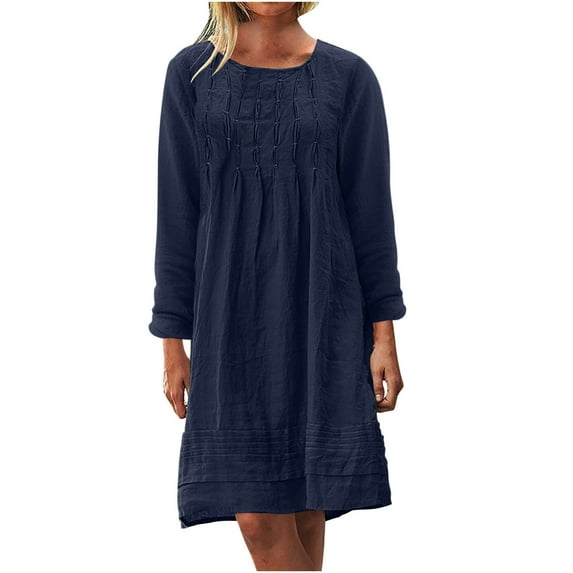 Aofany Fall Dresses for Women Cotton Linen Long Sleeve Dresses Crewneck Oversized Casual Pullover Dress