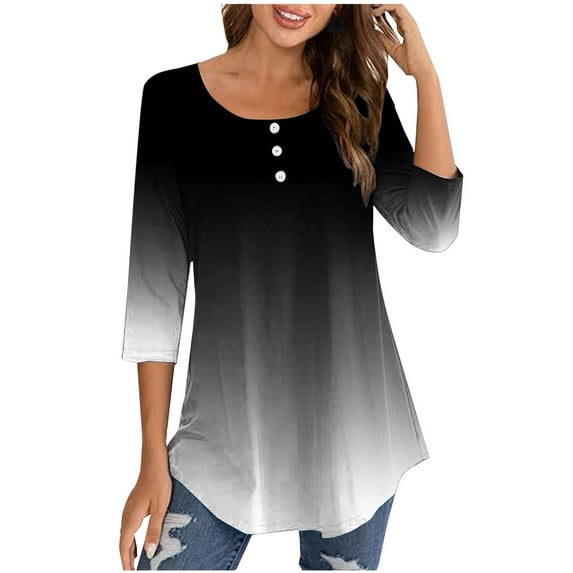 Aofany Plus Size Shirts For Women 3/4 Sleeve Henley Tops With Buttons Down Casual Loose Fit Pullover V-Neck Tunics Tops