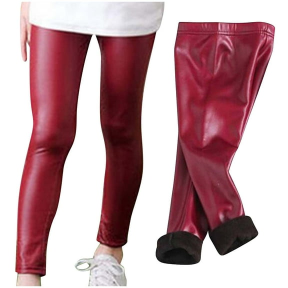Aofany Fall Winter Girls Leather Leggings Elastic Waist Pants Fashion Solid Color Brushed Warm Casual Plush Trousers