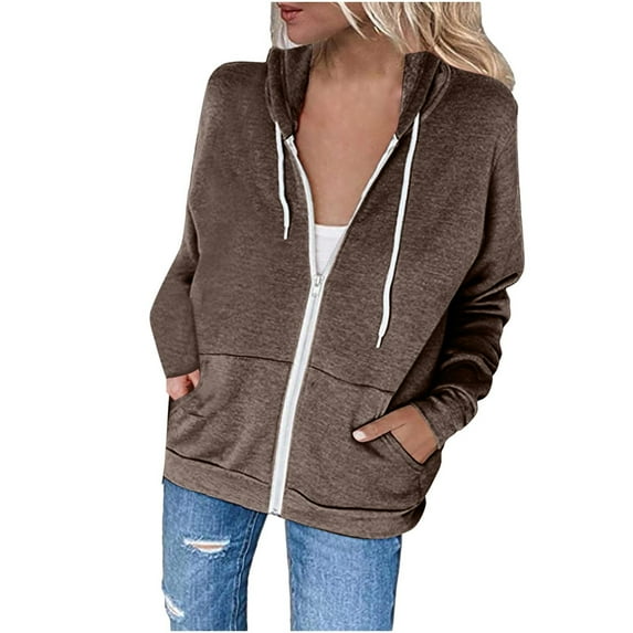 Aofany Fashion Casual Women Hooded Drawstring Coat Fleece Zipper Sweatshirt Solid Color with Pockets Jackets